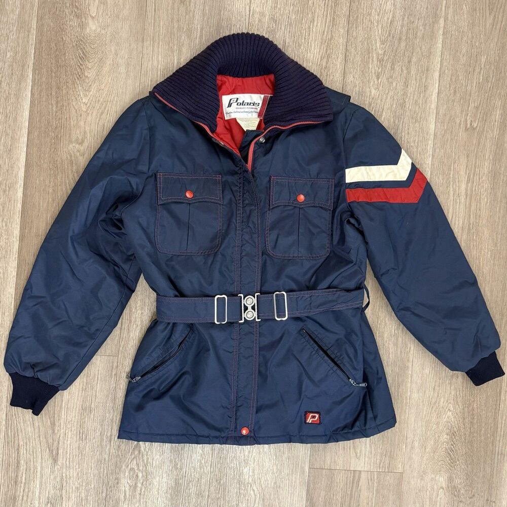 VTG 70s Polaris Snowmobile Ski Jacket Mens M  / Womens L Navy Blue Retro